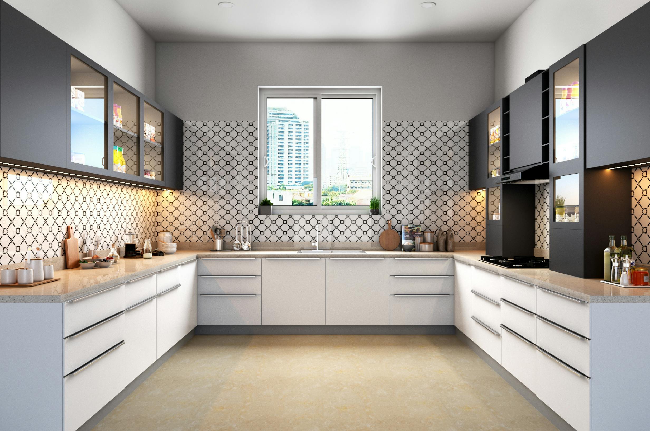 Services Sleek modular kitchen with contemporary cabinets and tile backsplash, showcasing urban style.